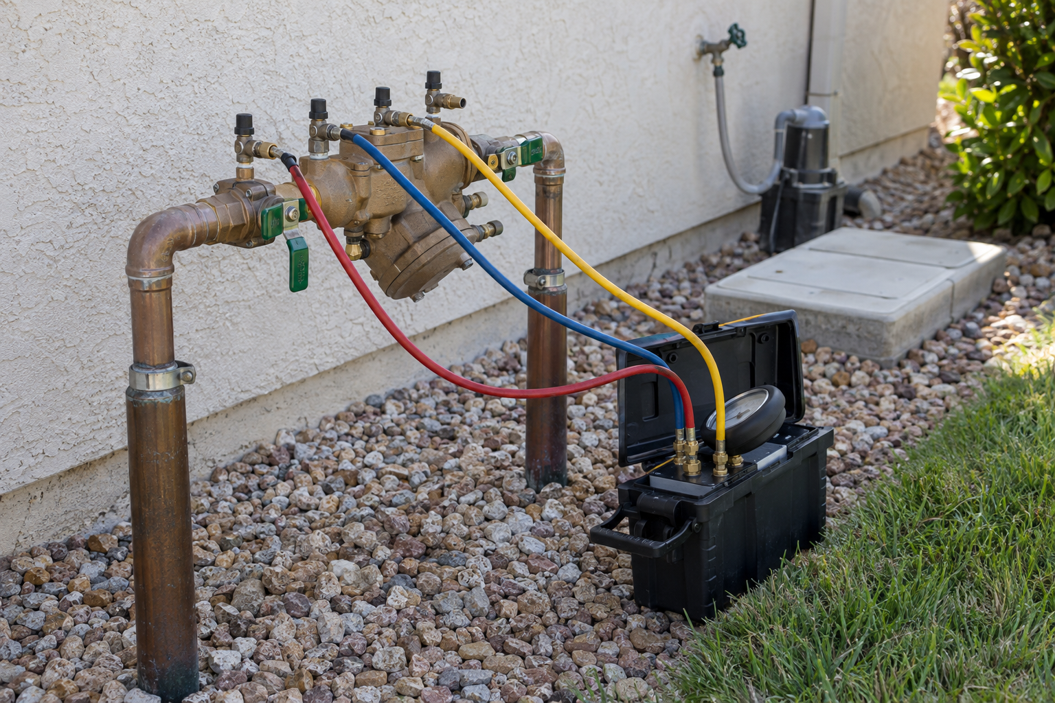 A backflow preventer assembly with a pressure test kit connected to its test cocks