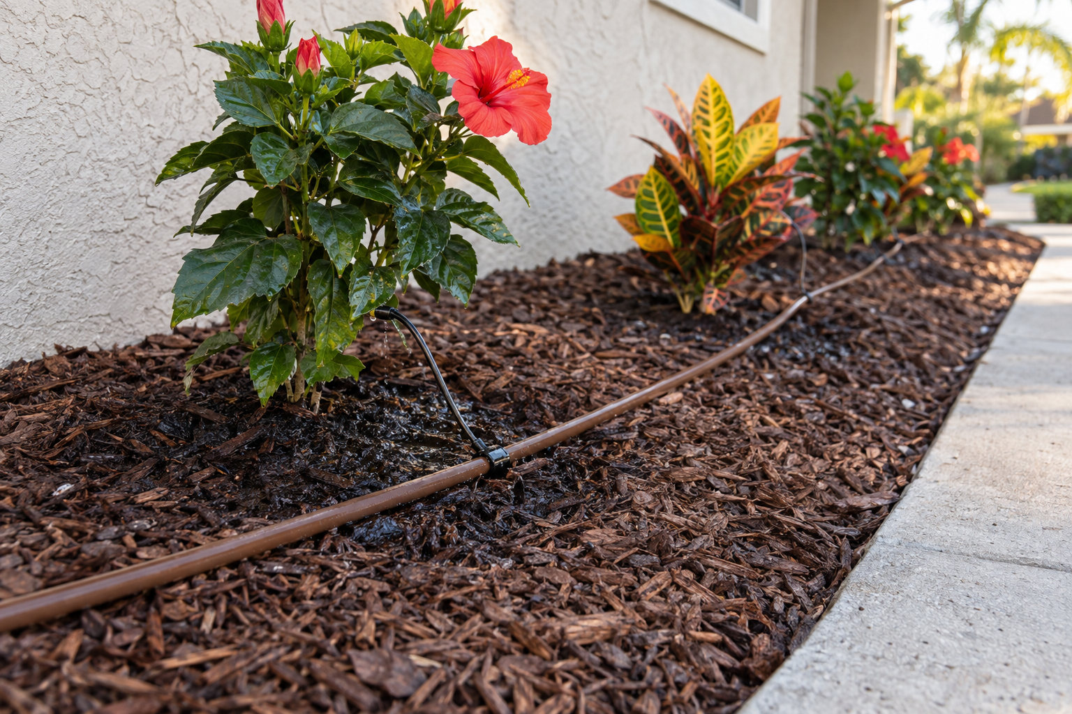Drip irrigation tubing wetting dark circles into a mulched planting bed