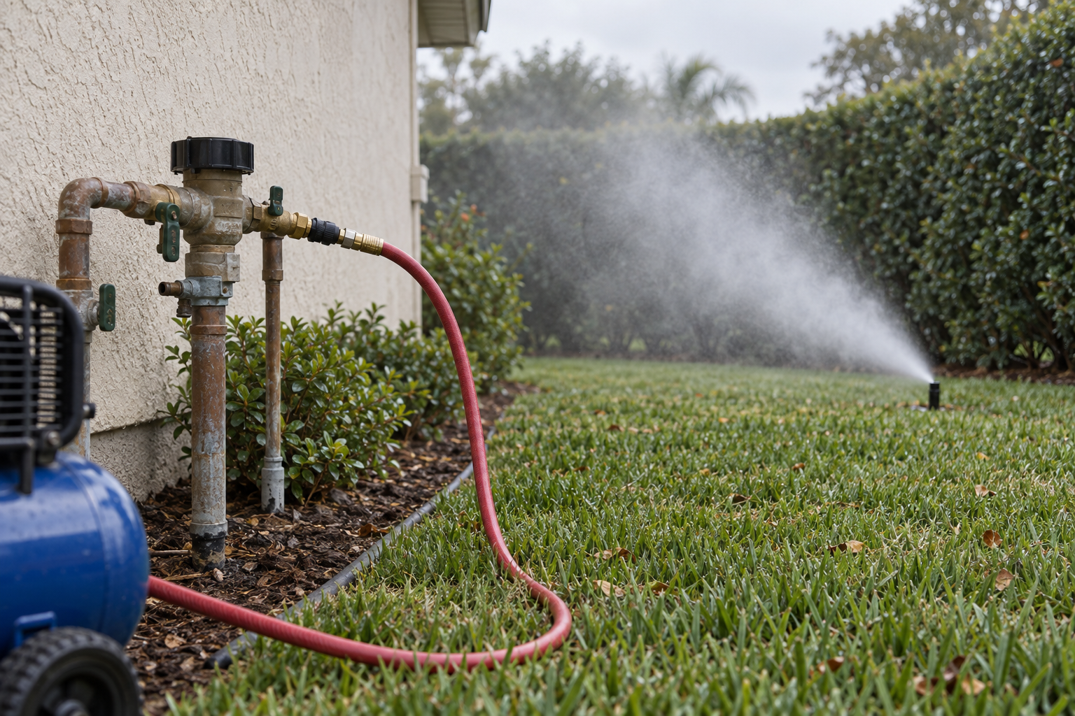 A sprinkler head venting mist as compressed air clears the irrigation lines