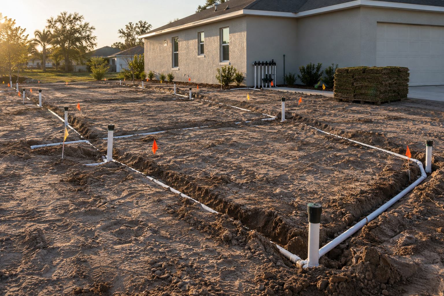 Trenches with PVC lateral lines laid across a sandy lot for a new sprinkler system
