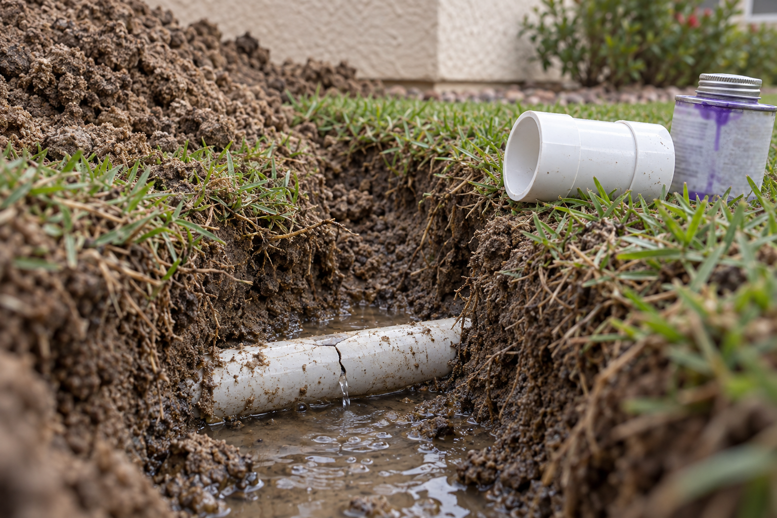 A cracked PVC irrigation line exposed in an open trench with a new coupling beside it