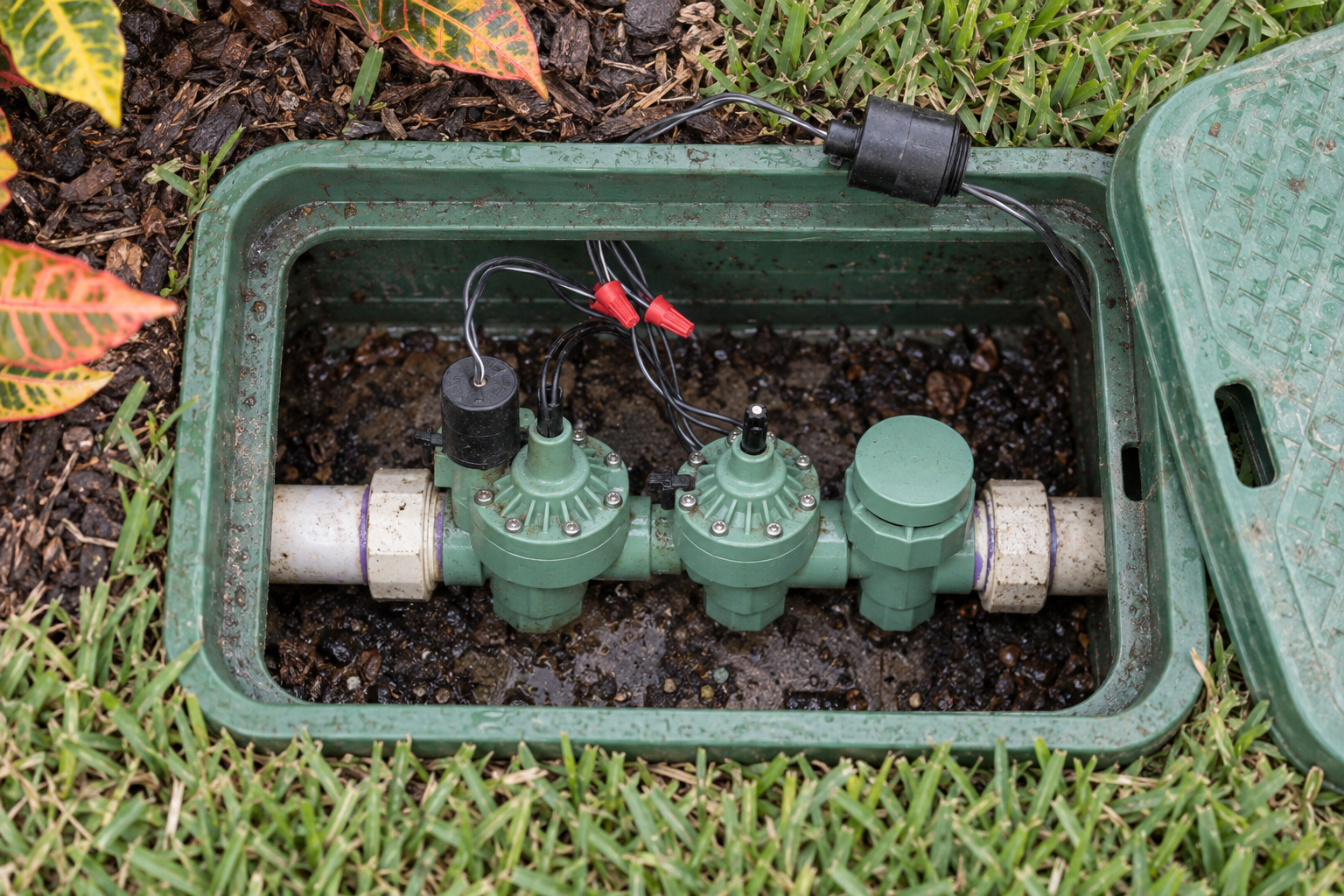 An open irrigation valve box showing two zone valves and their solenoids