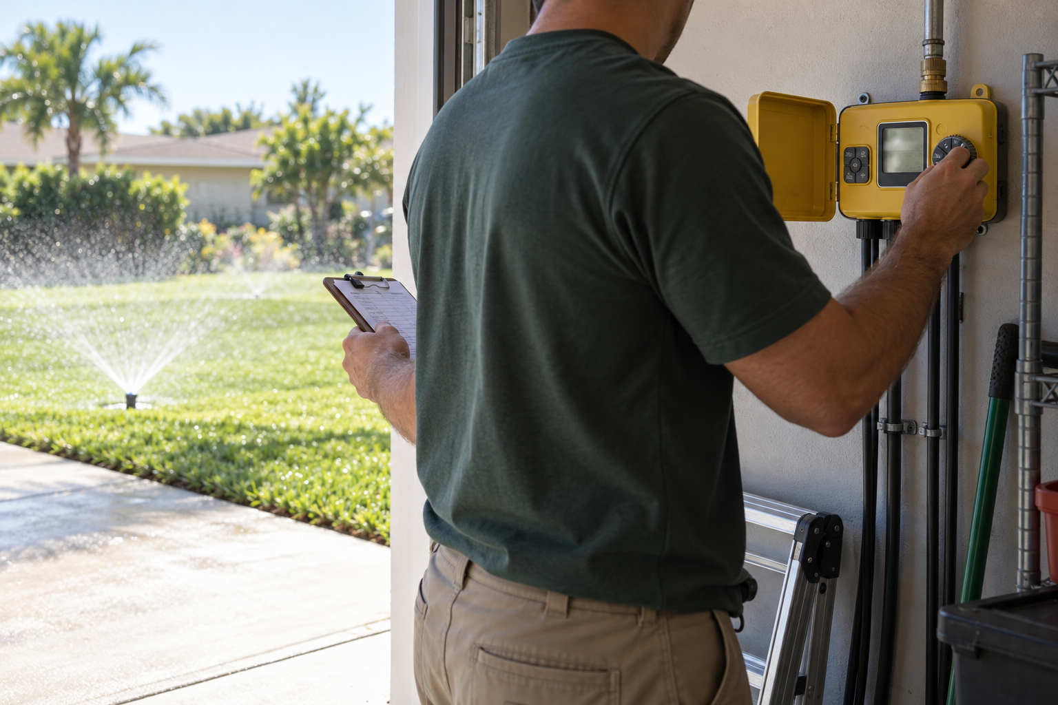 technician testing a sprinkler zone at the controller